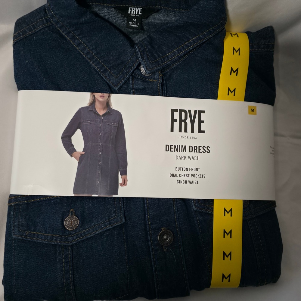 Frye Womens Denim Dress Dark Wash Button Front Cinch Waist Long Sleeve Blue M